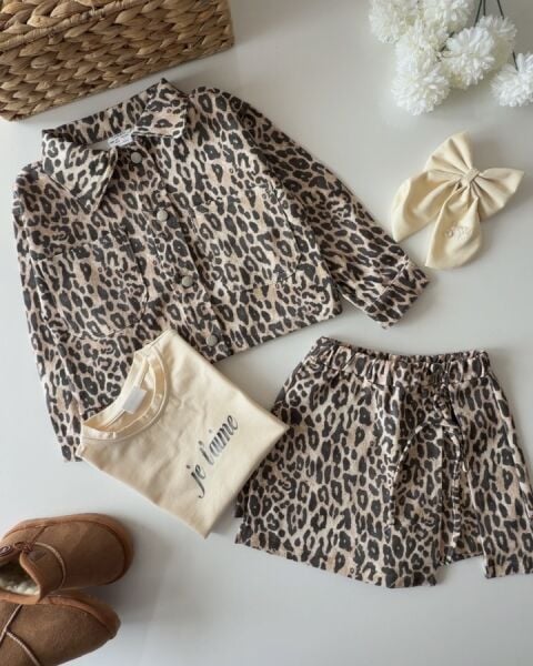 Asarkids Leopar Desenli Şort Etekli Takım - Leopar Kahve