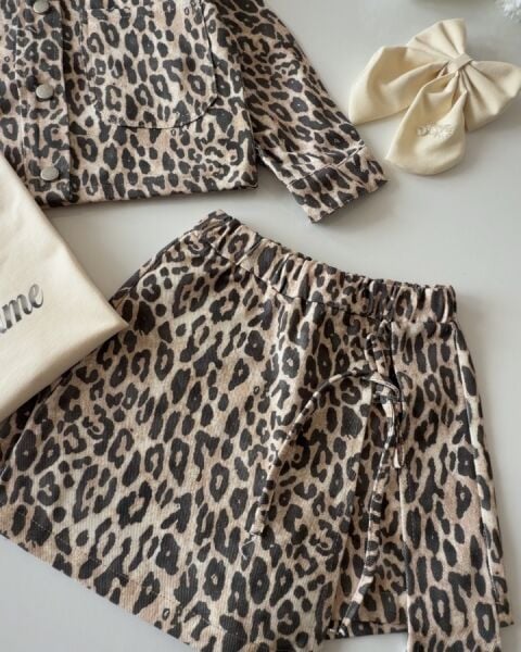 Asarkids Leopar Desenli Şort Etekli Takım - Leopar Kahve
