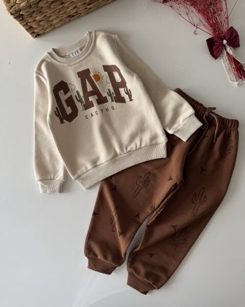 Logolu Kaktüs Baskılı Takım - Kahve