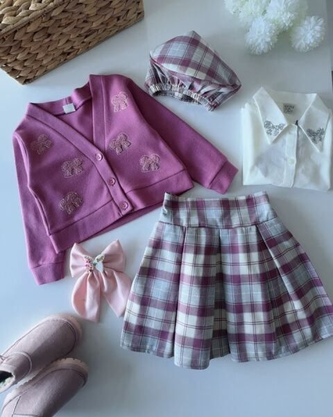 Fiyonk Aplikeli Etekli Şapkalı 3'lü Takım - Mürdüm