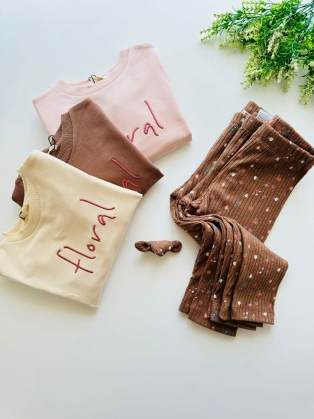 Floral Nakışlı 2'li Set - Pudra