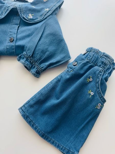 Bebe Yaka Nakışlı Denim Takım - Mavi