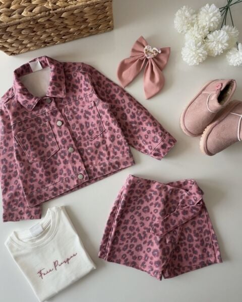 Asarkids Pembe Leopar Desenli Şort Etekli Takım - Leopar Pembe