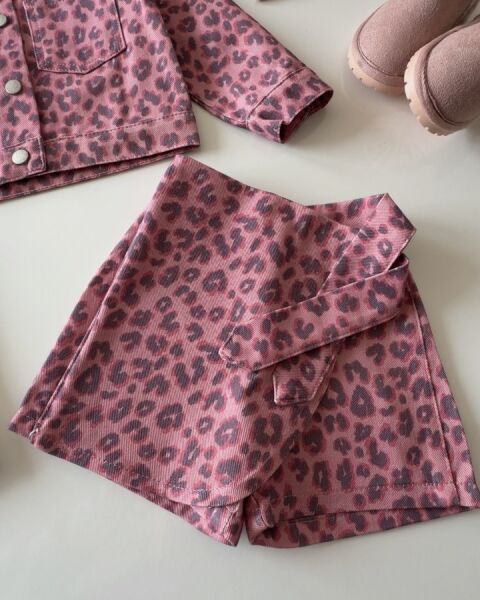 Asarkids Pembe Leopar Desenli Şort Etekli Takım - Leopar Pembe