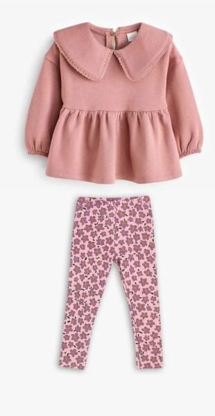 Bebe Yaka Çiçek Desenli Taytlı Takım - Pembe