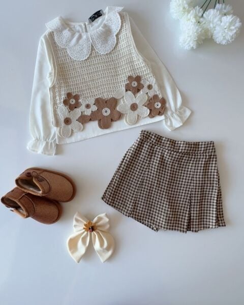 Motifli Papatya İşleme 3’lü Set - Kahve