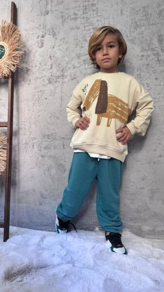 Köpek Baskılı Takım - Krem Mavi