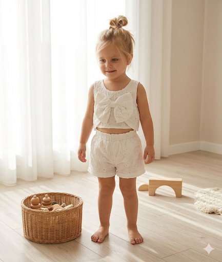 Asarkids Fistolu Fiyonklu Şortlu 2'li Takım - Ekru