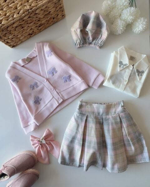 Fiyonk Aplikeli Etekli Şapkalı 3'lü Takım - Açık Pembe