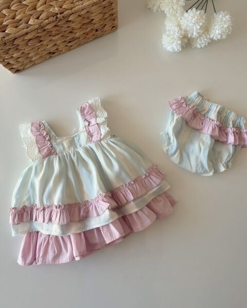 Asarkids Fırfırlı Fiyonk Detaylı Elbise ve Külot 2'li Takım - Pembe Mavi