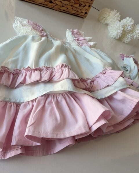 Asarkids Fırfırlı Fiyonk Detaylı Elbise ve Külot 2'li Takım - Pembe Mavi