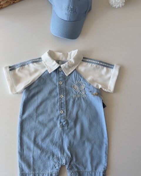 Asarkids Üç Çizgili Kısa Kollu Tulum - Mavi