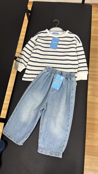 La’ciel  Paris Çizgili Sweatshirt Balon Jean Takım - Mavi (unisex)