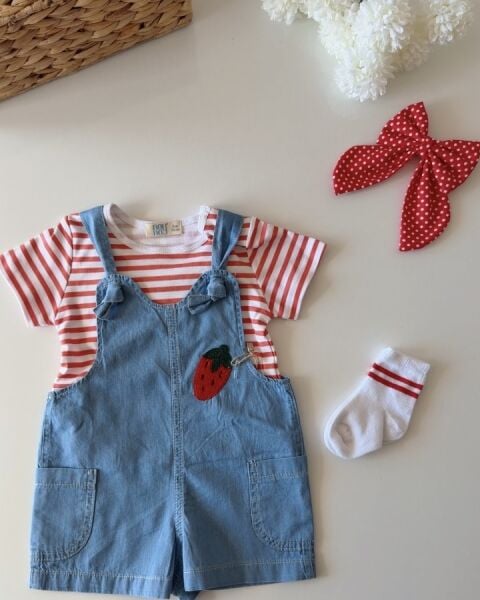 Asarkids Çizgili Çilek Tulum ve Tişört - 3'lü Set - Mavi