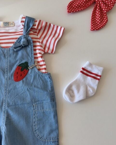 Asarkids Çizgili Çilek Tulum ve Tişört - 3'lü Set - Mavi