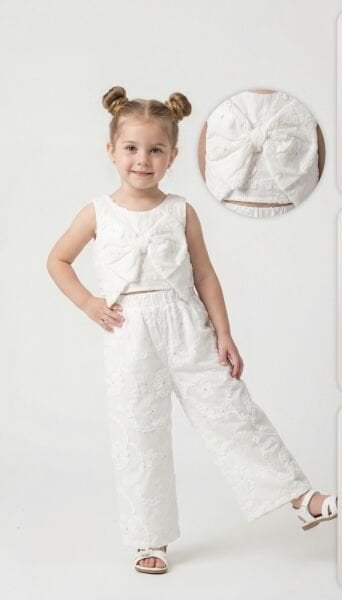 Asarkids Fistolu Fiyonklu Pantolonlu 2'li Takım - Ekru