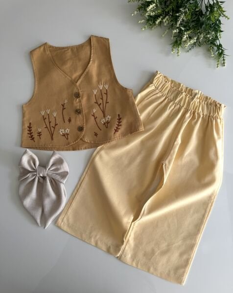 Yelekli Bohemian Tarz İpek Takım - Soft Hardal