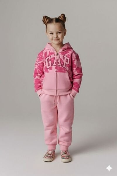 Logolu Kapüşonlu Fermuarlı Takım - Pembe