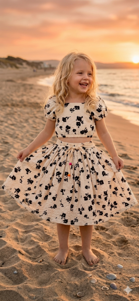 Asarkids Çiçek Desenli Kuloş Etekli 2'li Takım - Krem