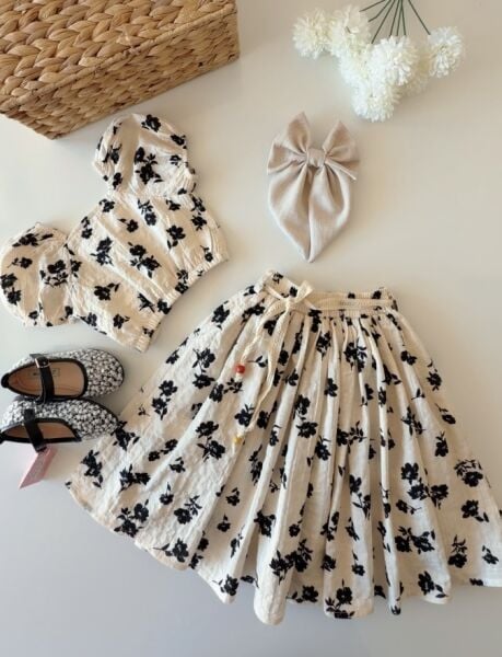 Asarkids Çiçek Desenli Kuloş Etekli 2'li Takım - Krem