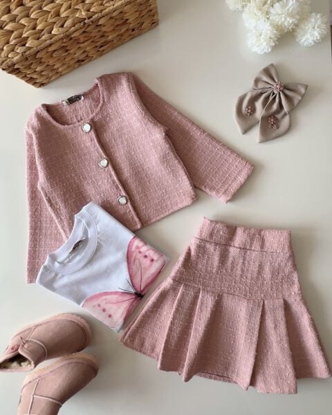 Ceketli Etekli 3'lü Tüvit Takım - Pembe
