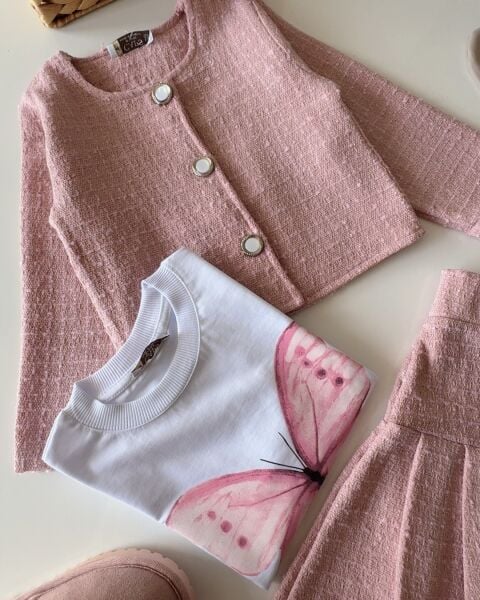 Ceketli Etekli 3'lü Tüvit Takım - Pembe