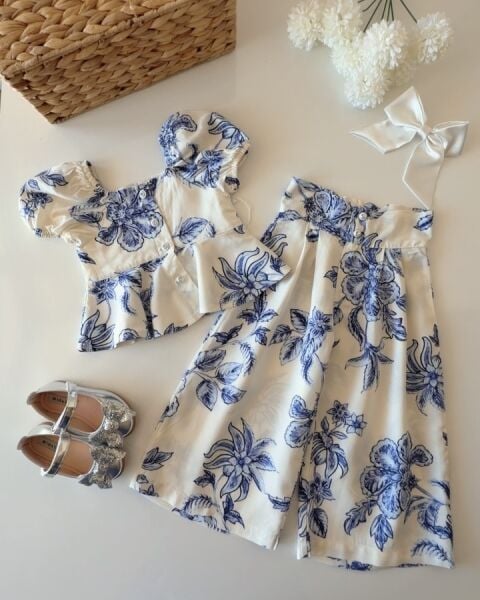 Asarkids Çiçek Desenli Pantolonlu 2'li Takım - Mavi Beyaz