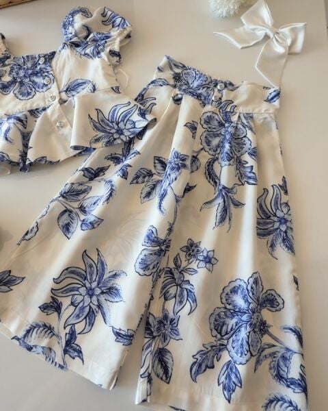 Asarkids Çiçek Desenli Pantolonlu 2'li Takım - Mavi Beyaz