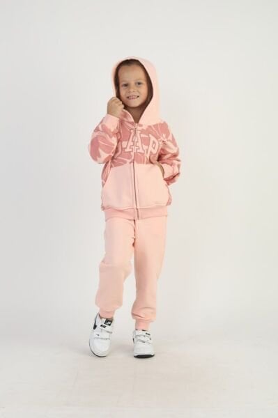 Logolu Kapüşonlu Fermuarlı Takım - Somon