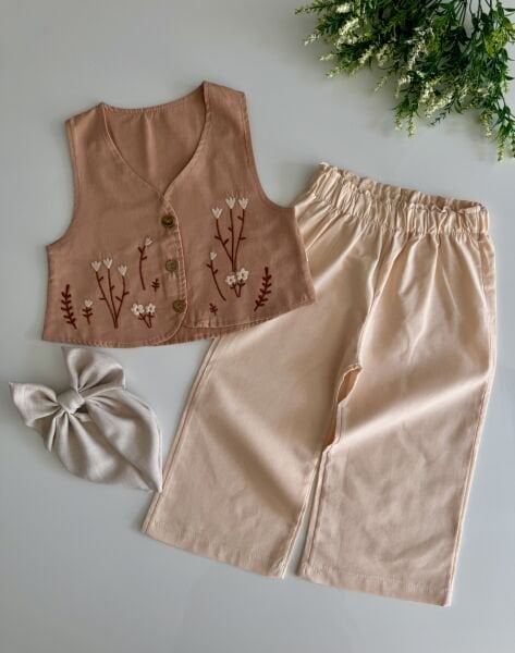 Yelekli Bohemian Tarz İpek Takım - Gül Kurusu