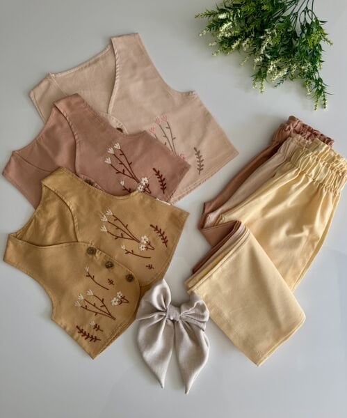 Yelekli Bohemian Tarz İpek Takım - Gül Kurusu