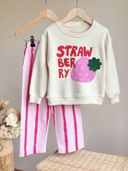 Çizgili Çilek Desenli Takım - Pembe