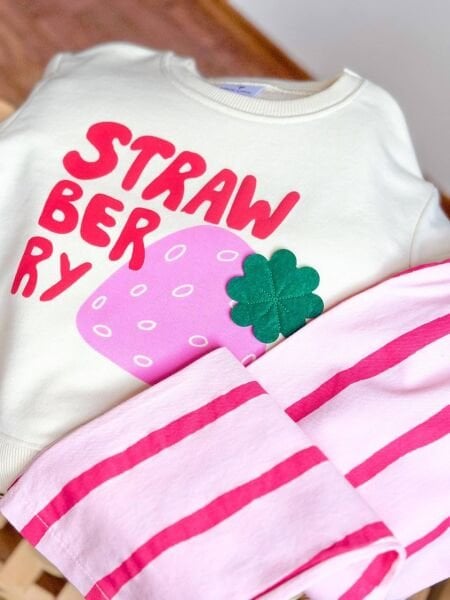 Çizgili Çilek Desenli Takım - Pembe