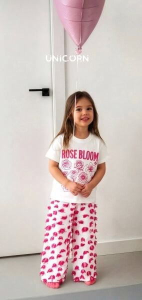 Asarkids Rose Bloom Sloganlı Aplikeli Gül Baskılı 2'li Takım - Pembe Beyaz