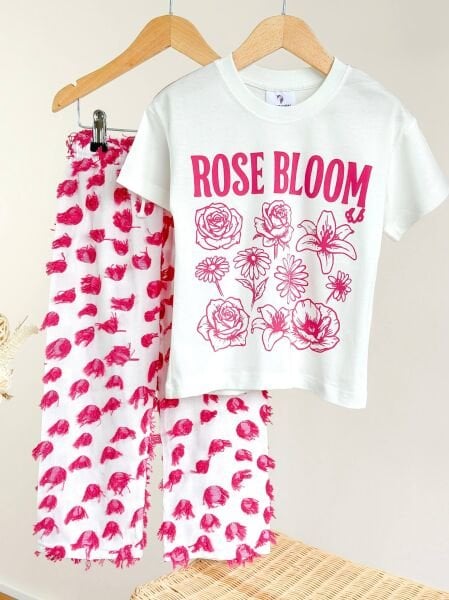 Asarkids Rose Bloom Sloganlı Aplikeli Gül Baskılı 2'li Takım - Pembe Beyaz