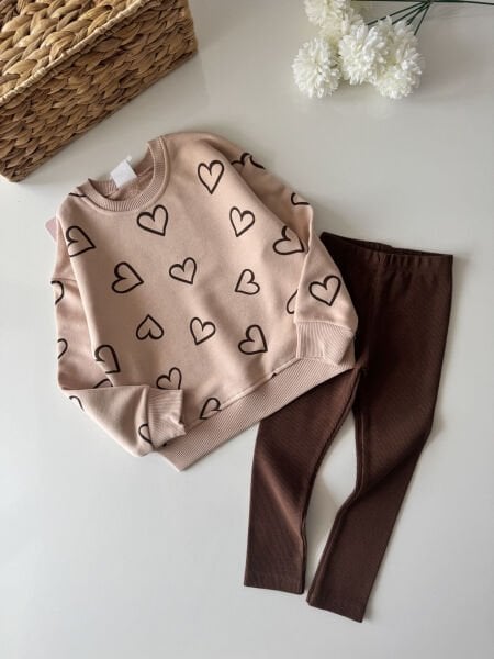 Kalp Baskılı Taytlı Takım - Pudra