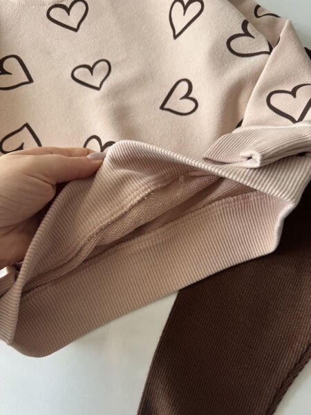 Kalp Baskılı Taytlı Takım - Pudra