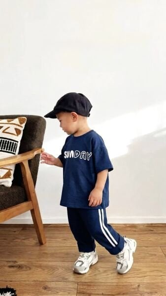 Asarkids Sunday Sloganlı Çizgili 2'li Takım - Lacivert