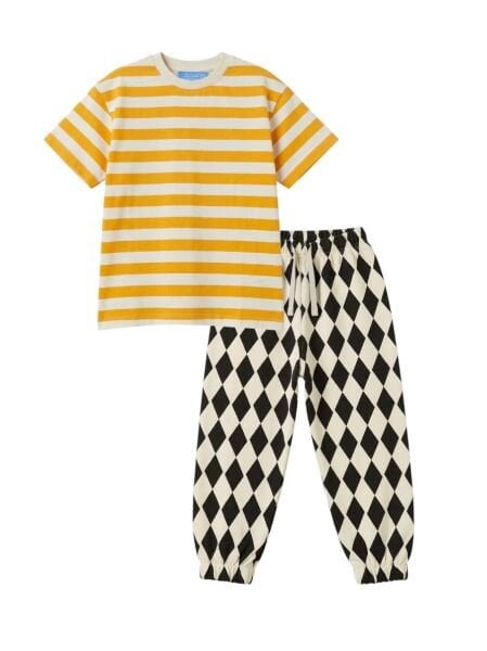 Asarkids  La'ciel Paris Damalı Pantolon Çizgili Tişört 2'li Set - Sarı