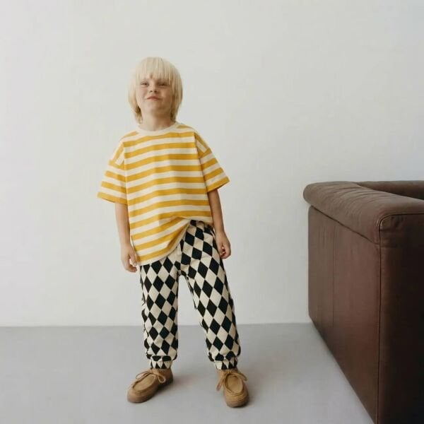 Asarkids  La'ciel Paris Damalı Pantolon Çizgili Tişört 2'li Set - Sarı