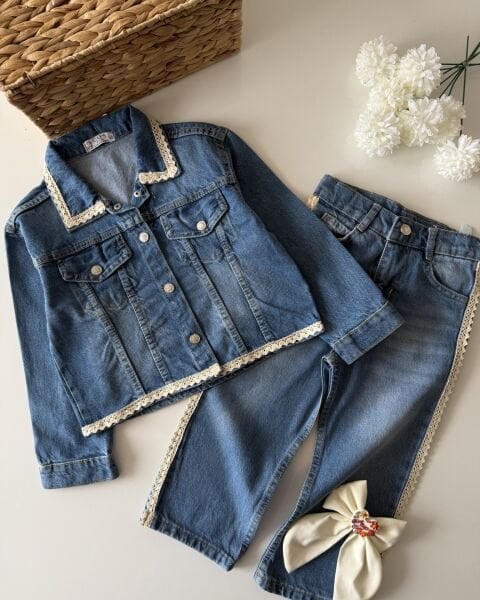 Asarkids Kenarları Fisto İşlemeli Denim 2'li Takım- Mavi