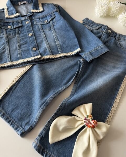 Asarkids Kenarları Fisto İşlemeli Denim 2'li Takım- Mavi