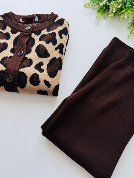 Leopar Hırkalı Pantolon Takım - Kahve