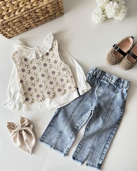 Papatya Aplikeli Pantolonlu Takım - Pembe