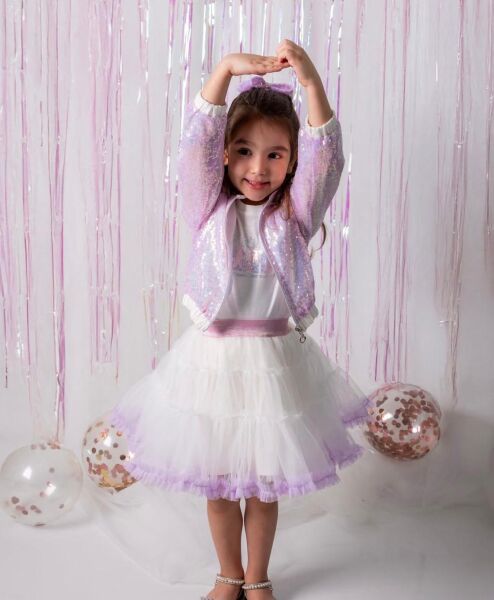 Asarkids Pullu Ceketli Tütü Etekli 3'lü Takım - Lila