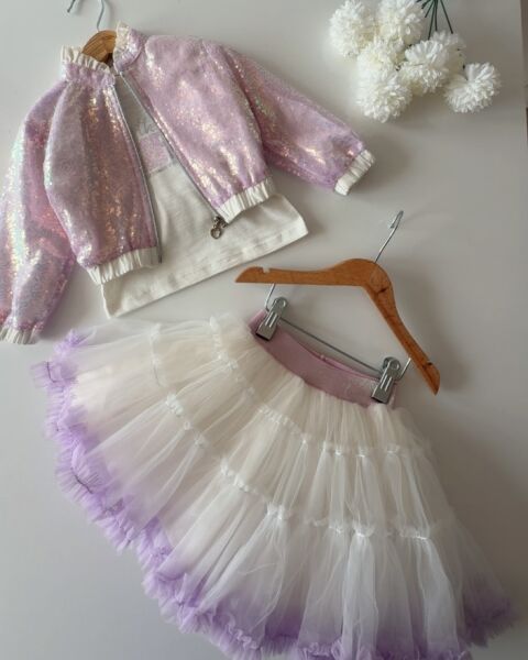 Asarkids Pullu Ceketli Tütü Etekli 3'lü Takım - Lila