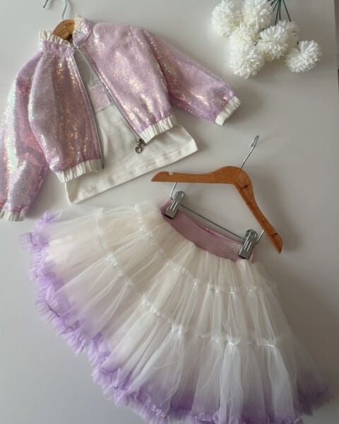 Asarkids Pullu Ceketli Tütü Etekli 3'lü Takım - Lila