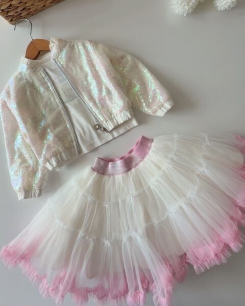 Asarkids Pullu Ceketli Tütü Etekli 3'lü Takım - Pudra