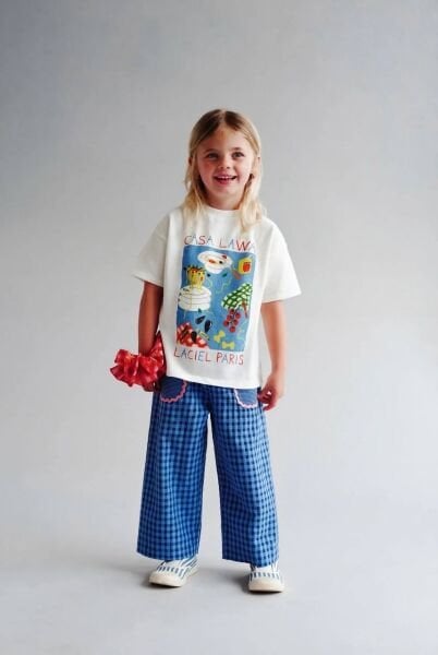 Asarkids La'ciel Paris Casa Lawa Kareli Pantolon 2'li Takım - Beyaz Mavi