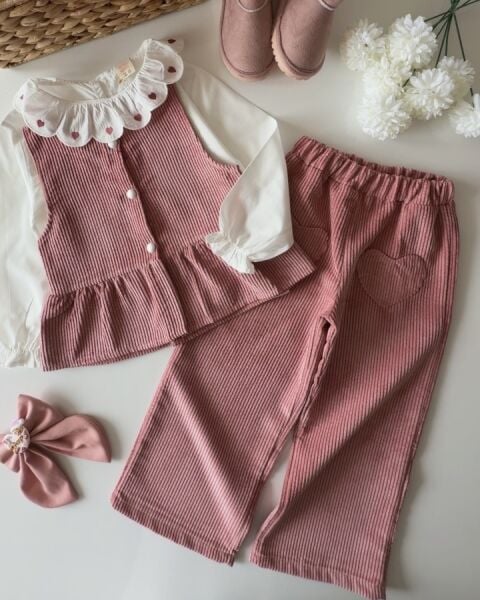 Asarkids Kadife Yakası Kalpli 3'lü Takım - Pembe